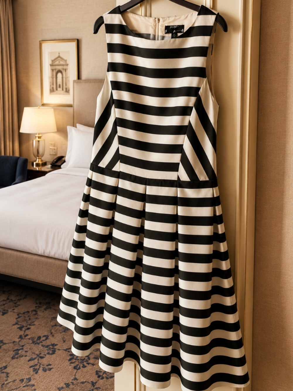 LORD & TAYLOR Black + Ivory Striped Fit & Flare Dress | Size 14 | Fully Lined